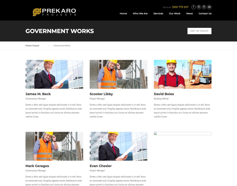 A live placeholder team page on the PREKARO site titled Government Works, with stock photos and fake names